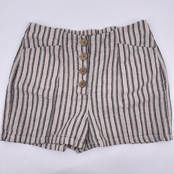 High Rise Striped Shorts Maurices Sz 6 Mini Length Cotton Linen Cream and Navy - Picture 1 of 8